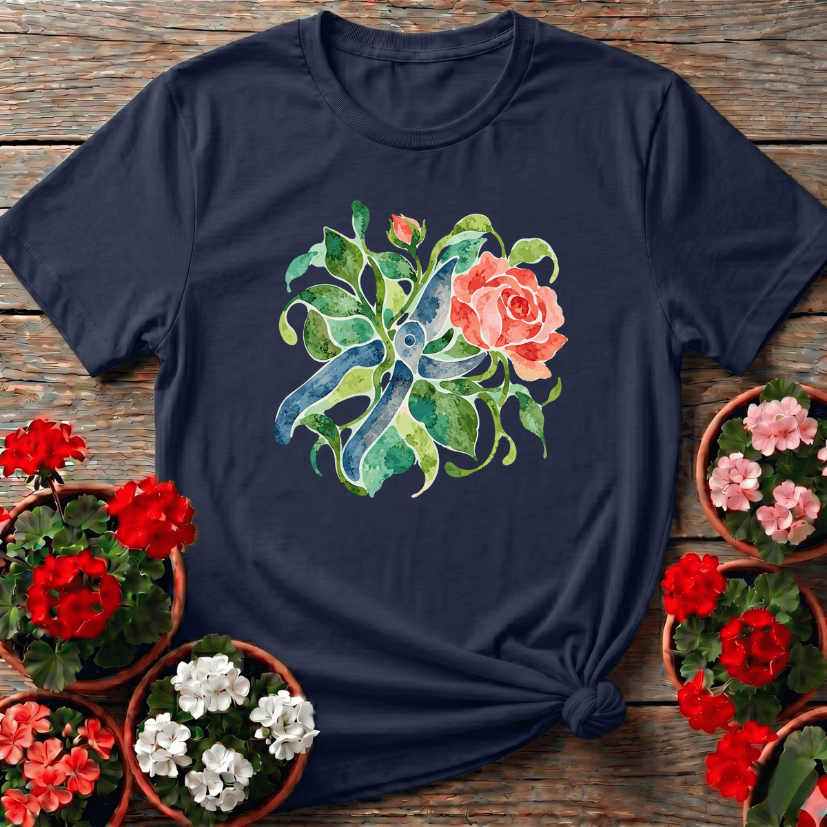 Navy lush watercolor floral garden shears tee for rose gardeners