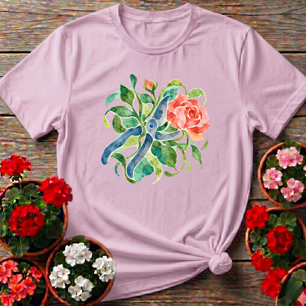Light Pink romantic watercolor rose and garden shears shirt for cottagecore gardeners