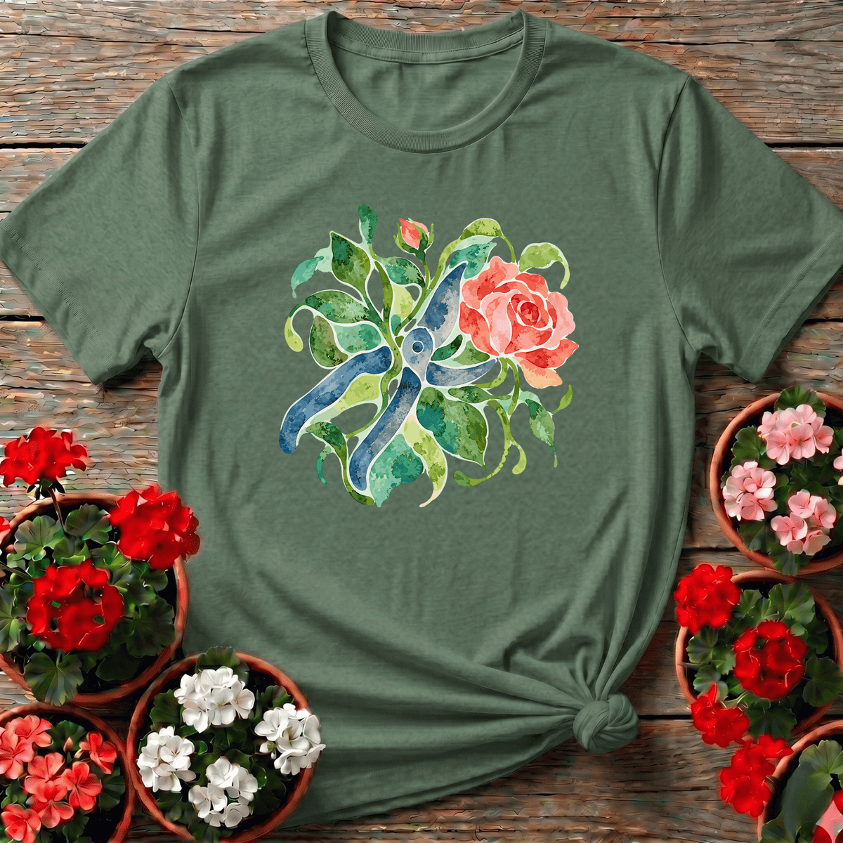 Military Green vintage botanical watercolor rose and shears gardening shirt
