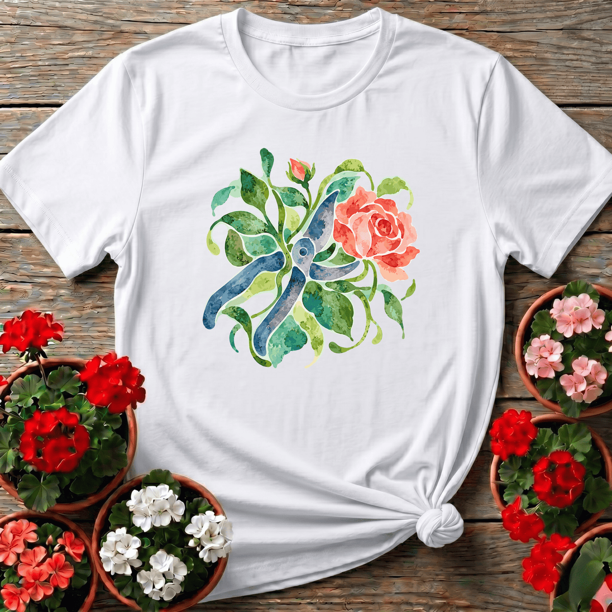 White romantic botanical watercolor rose shears shirt for cottage garden enthusiasts