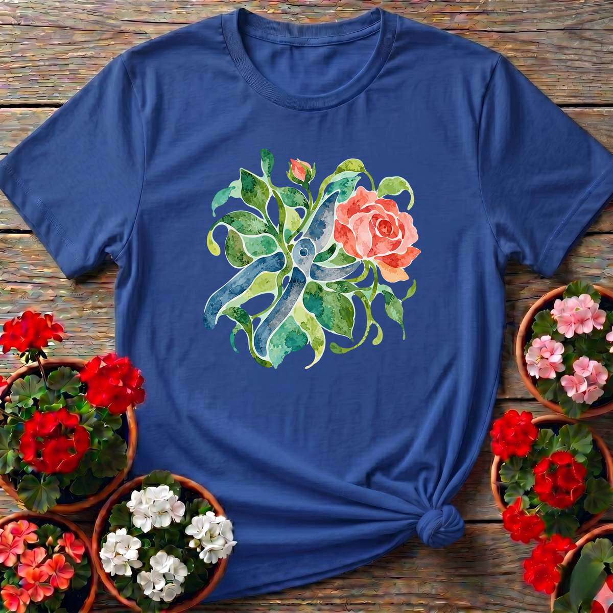 Royal painted botanical rose and pruning shears gardening shirt for plant lovers