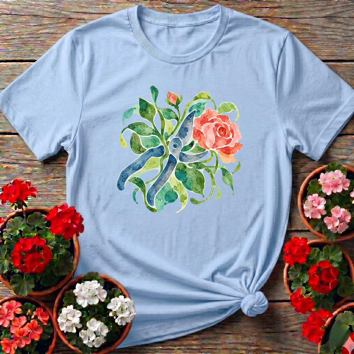Light Blue hand-painted floral garden shears top for cottage garden aesthetics
