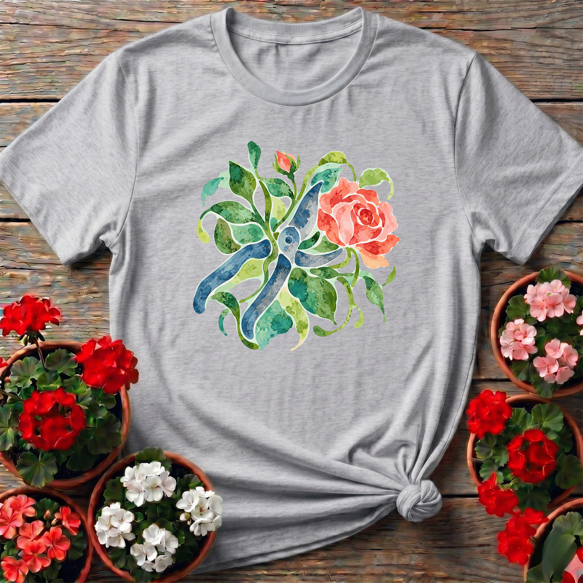 Watercolor Rose and Garden Shears Gardening T-Shirt - GardeningTshirts