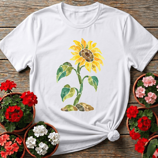 White botanical watercolor sunflower shirt with earthy mosaic style for sunflower lovers