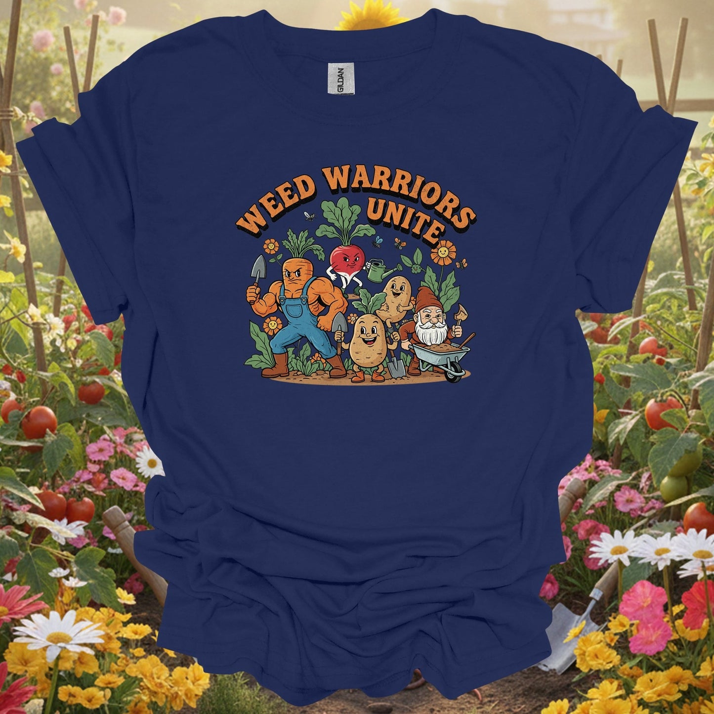 Navy blue weed warriors unite funny gardening shirt for vegetable gardeners, community growers, funny slogan fans, veteran...
