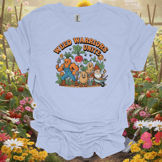 Light blue weed warriors unite funny gardening shirt for vegetable gardeners, community growers, funny slogan fans, vetera...