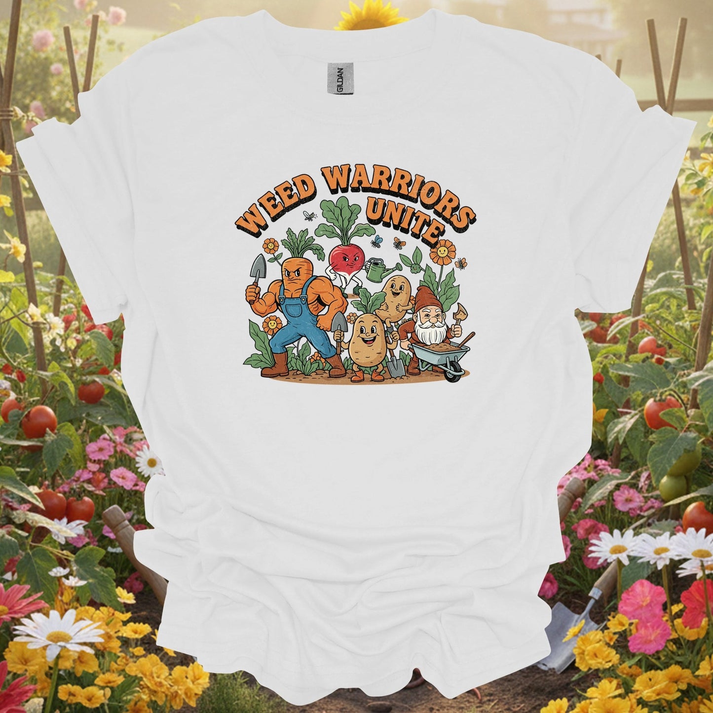 White weed warriors unite funny gardening shirt for vegetable gardeners, community growers, funny slogan fans, veteran wee...