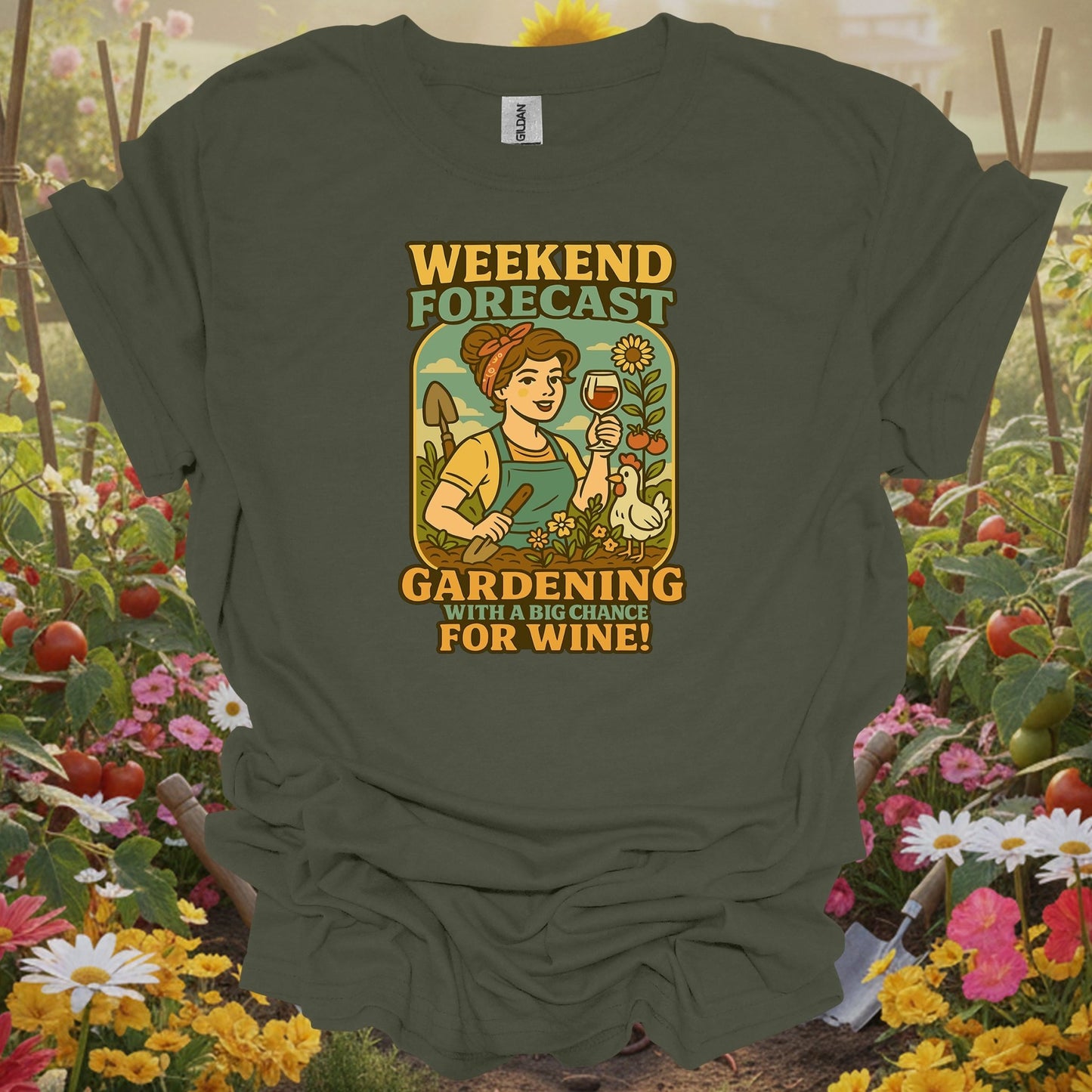 Military Green top showing gardening with a chance for wine retro pin-up for nature lovers