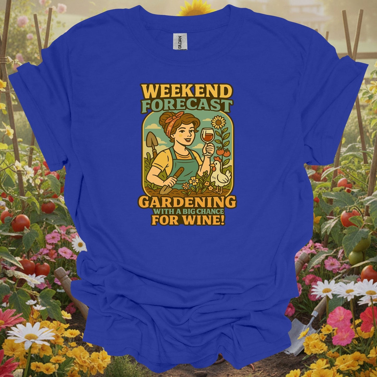 Royal tshirt showing gardening with a chance for wine retro pin-up for gardening enthusiasts