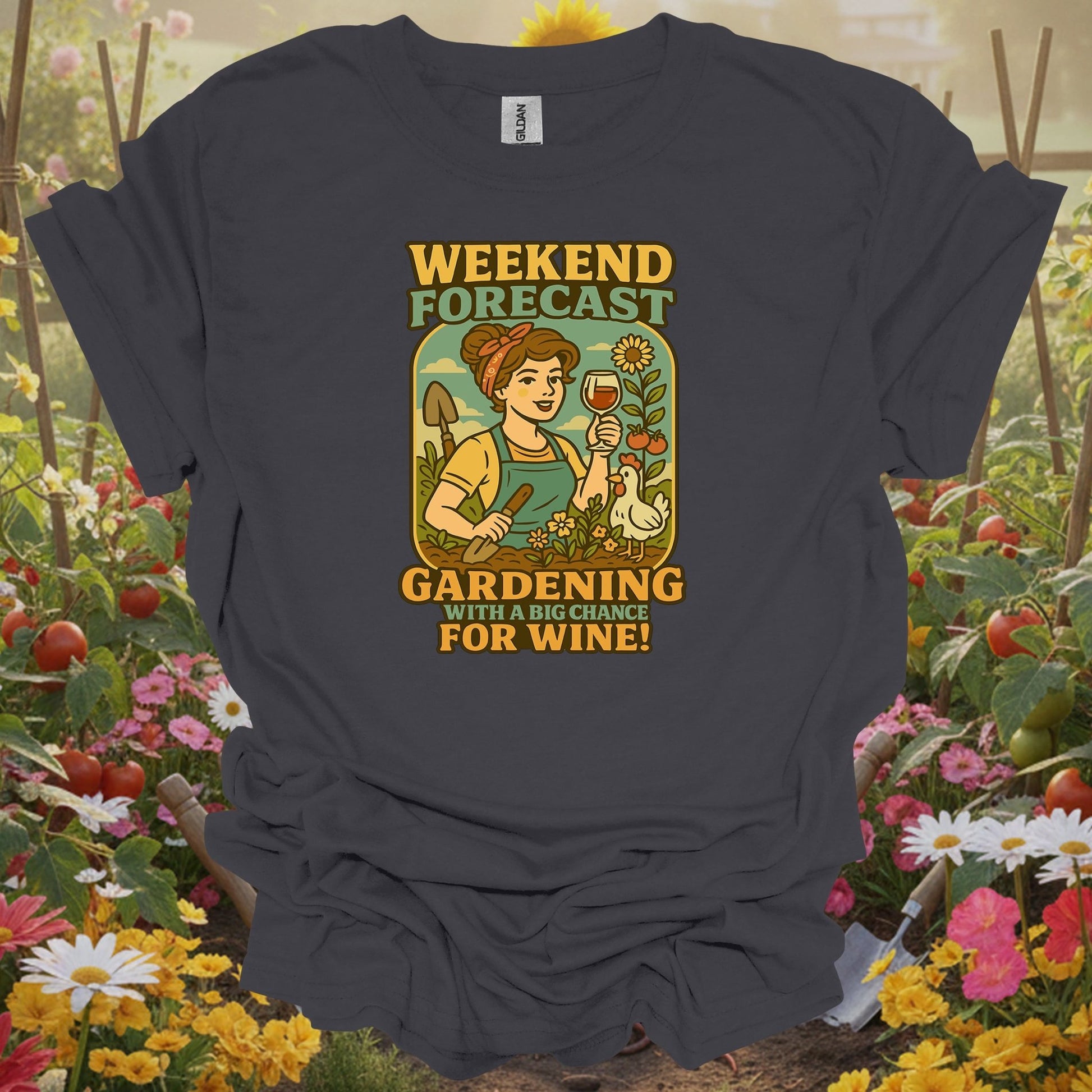 Charcoal tee showing gardening with a chance for wine retro pin-up for plant lovers
