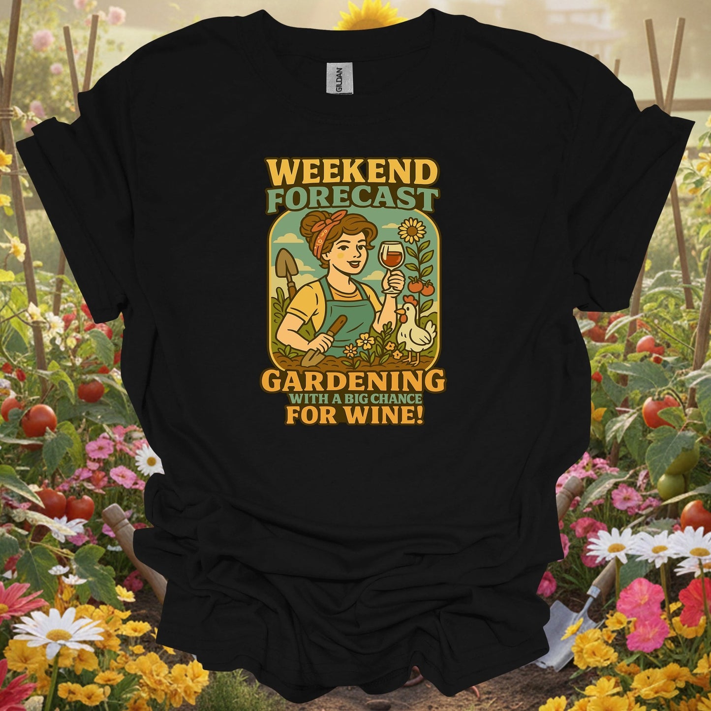 Black shirt showing gardening with a chance for wine retro pin-up for outdoor enthusiasts