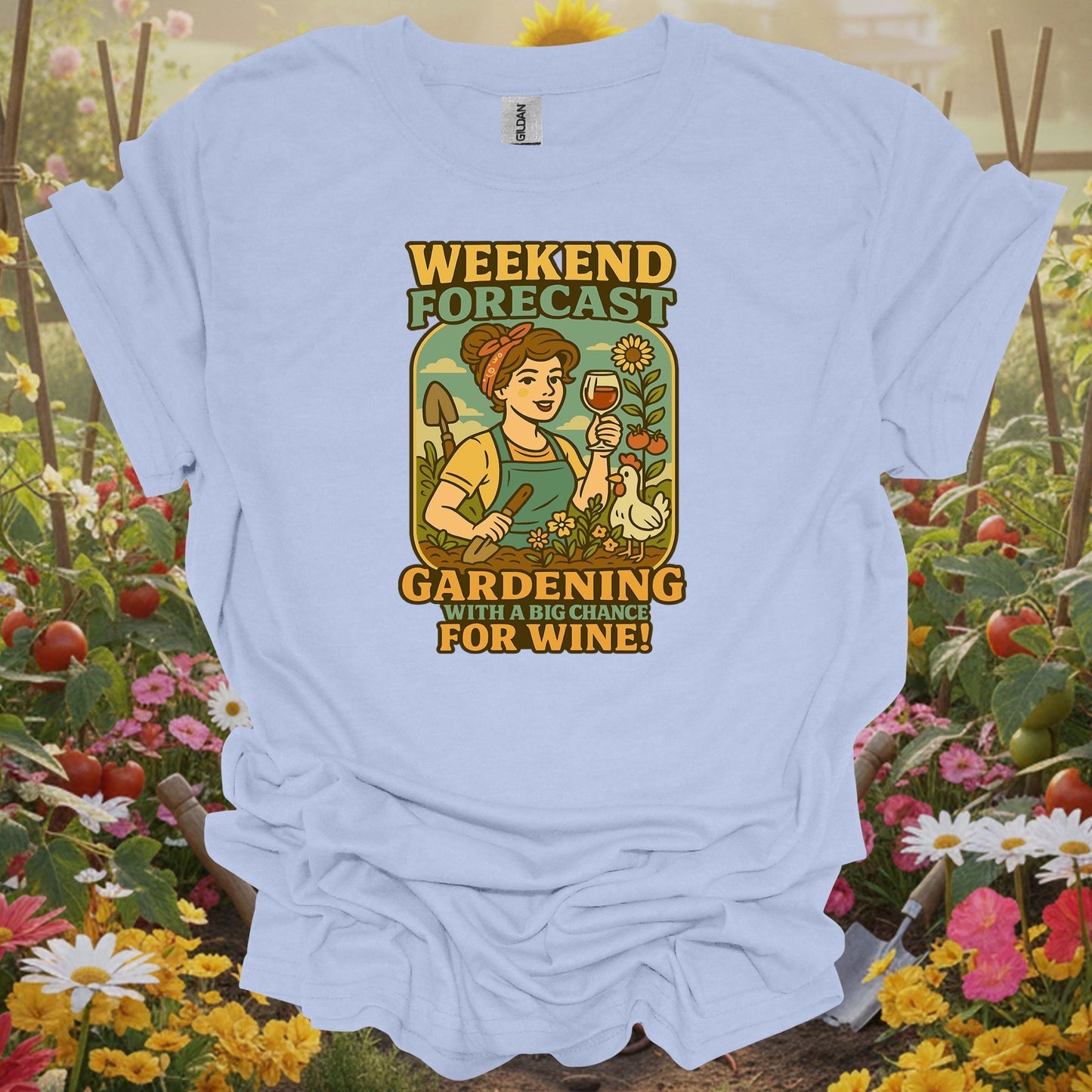 Light Blue shirt showing gardening with a chance for wine retro pin-up for home gardeners