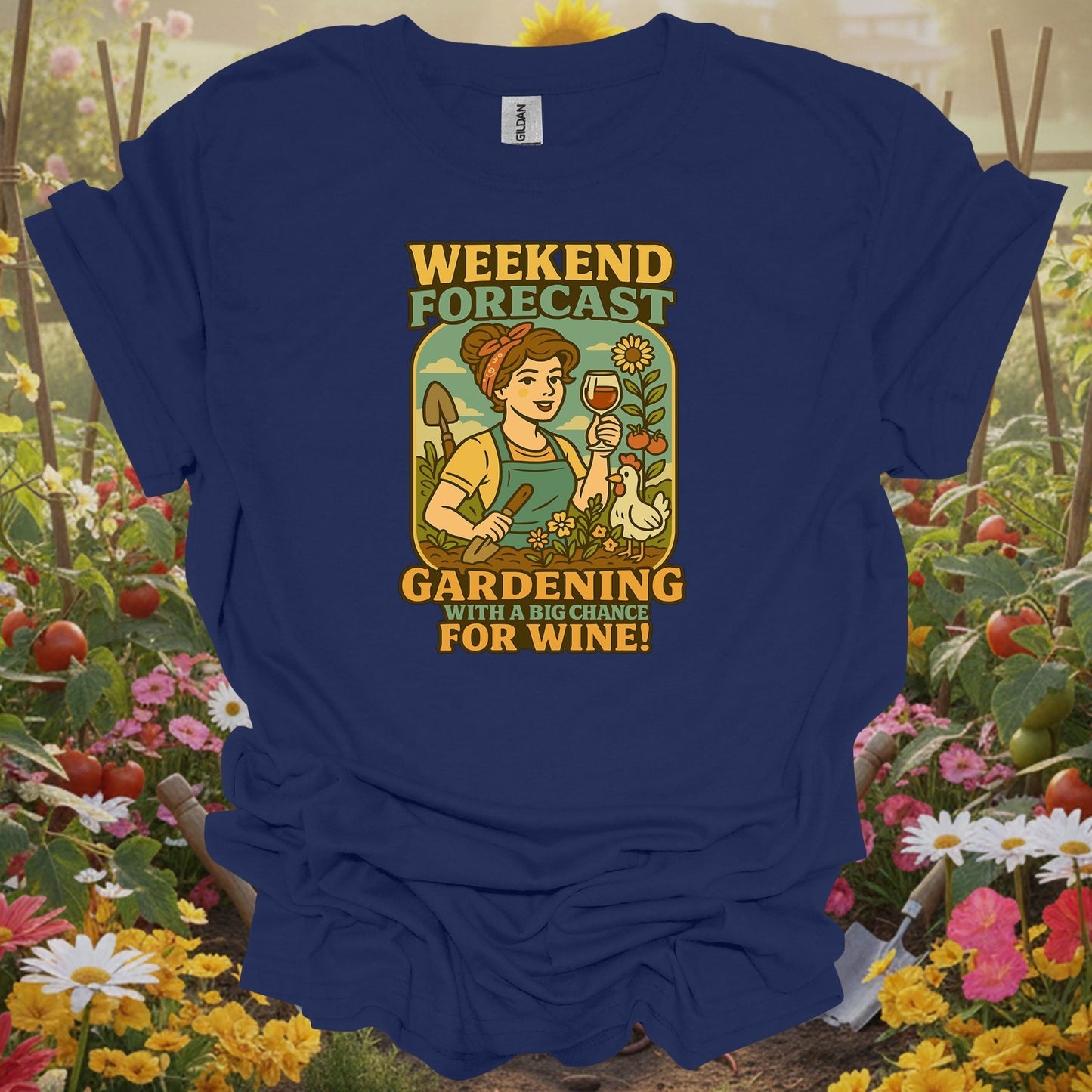 Navy top showing gardening with a chance for wine retro pin-up for green thumb folks