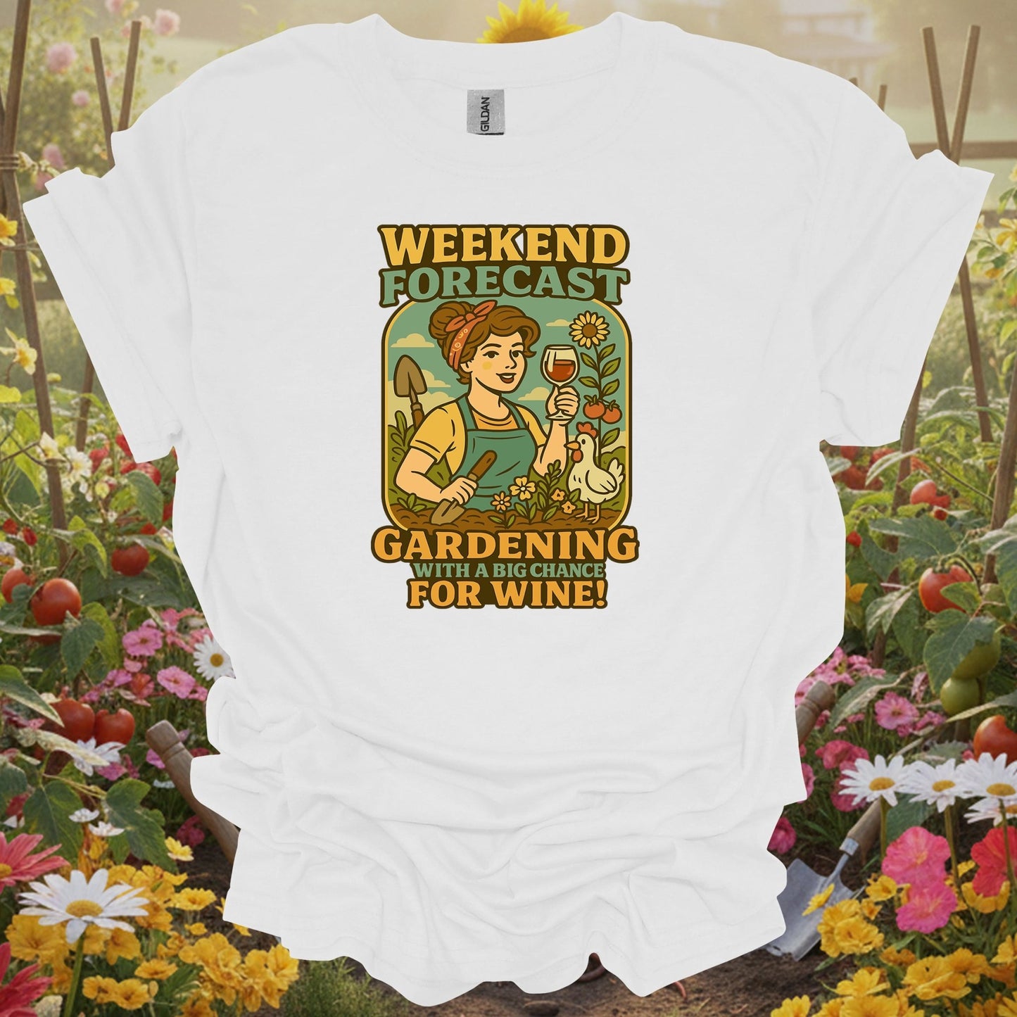 White tee showing gardening with a chance for wine retro pin-up for garden hobbyists