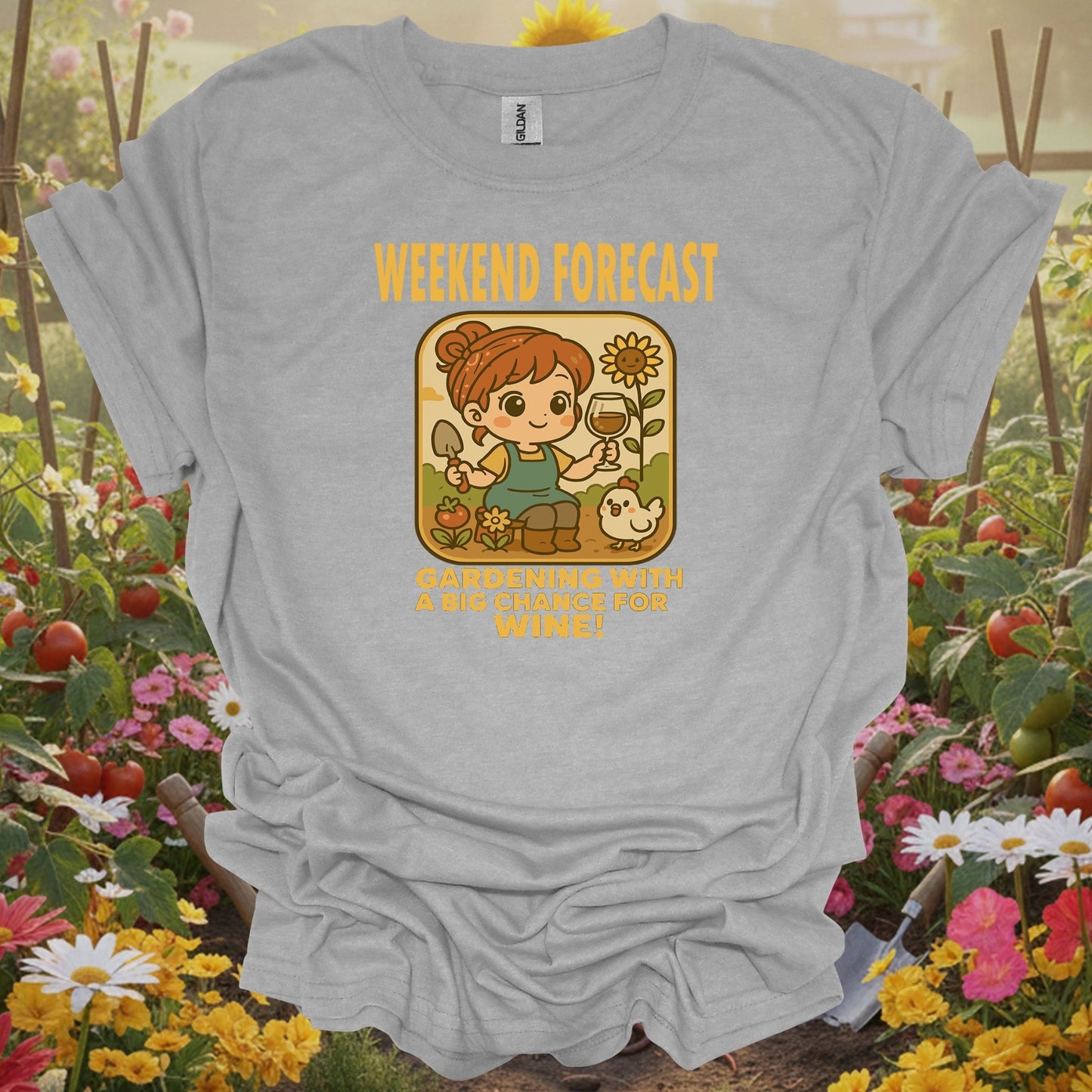 Sport Grey tshirt showing weekend forecast gardening with wine retro for backyard growers