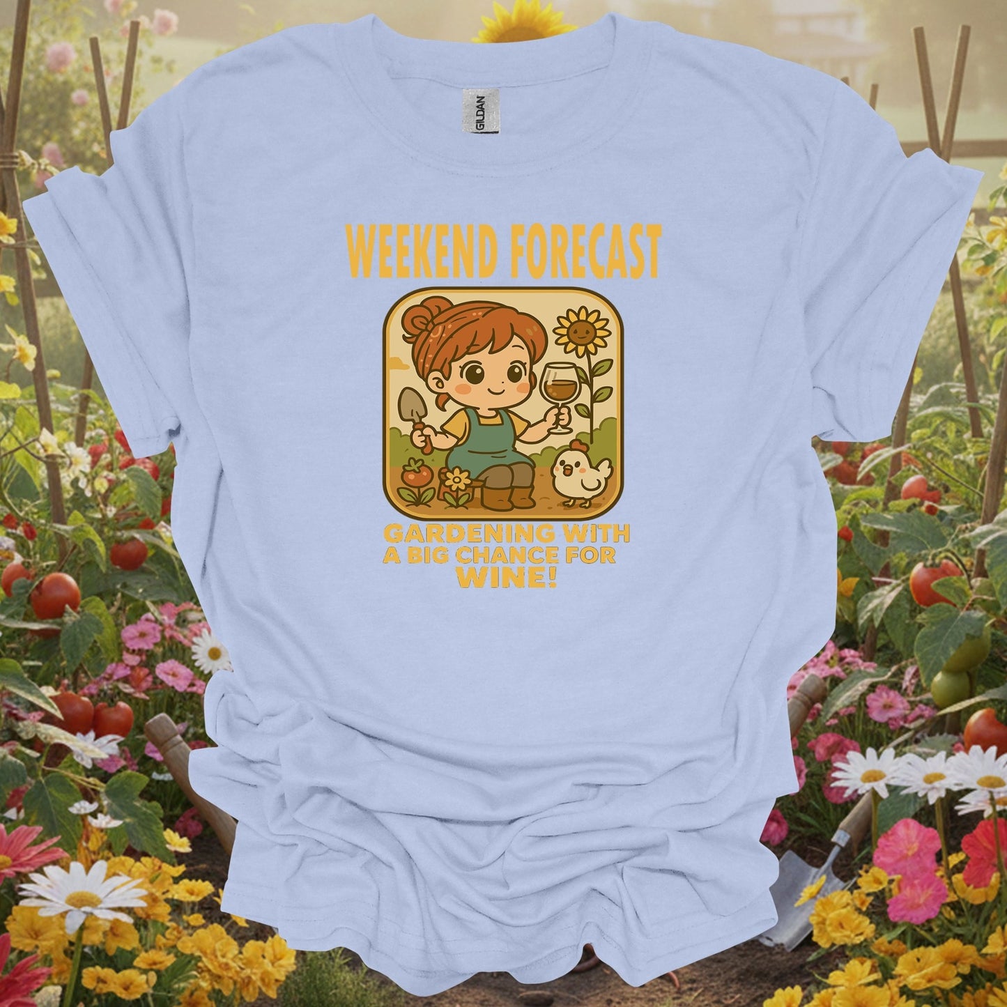 Light Blue shirt showing weekend forecast gardening with wine retro for home gardeners