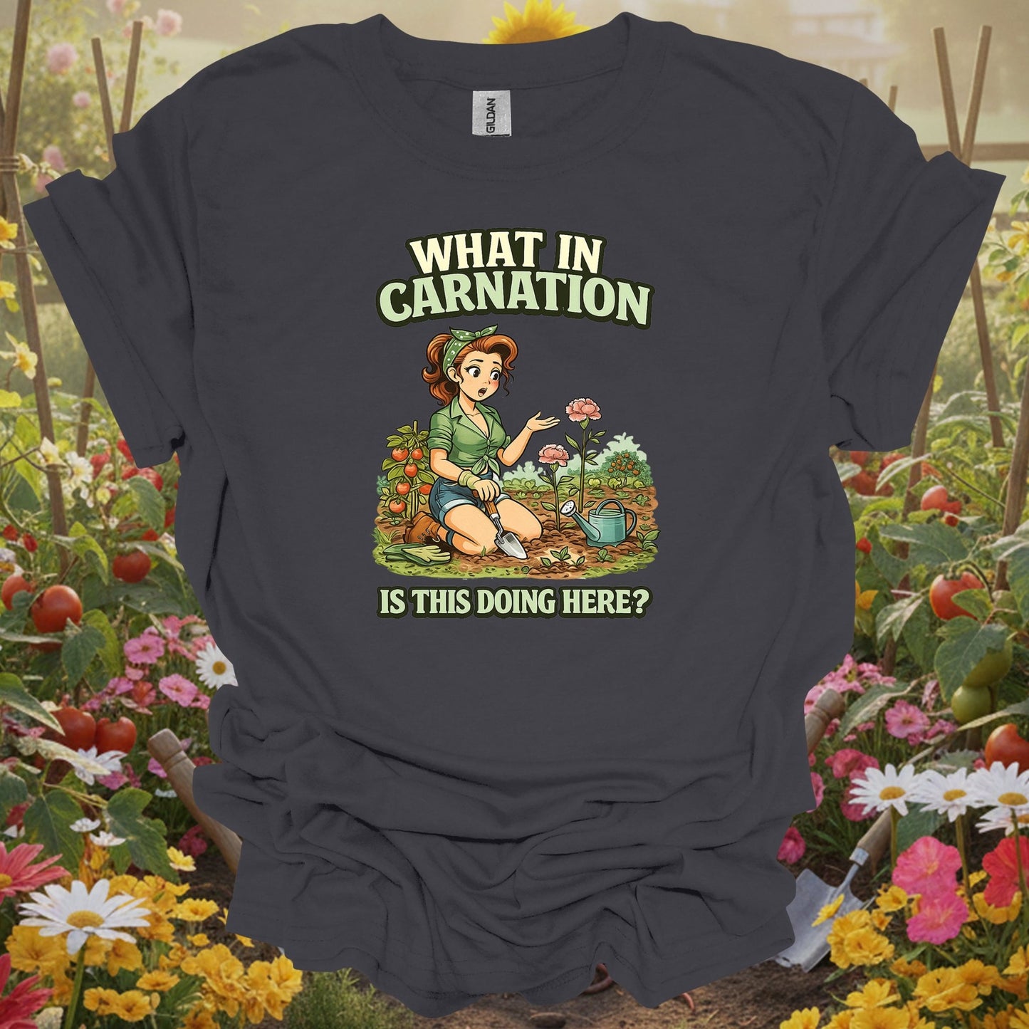 Charcoal tshirt showing what in carnation funny pin-up for gardening enthusiasts