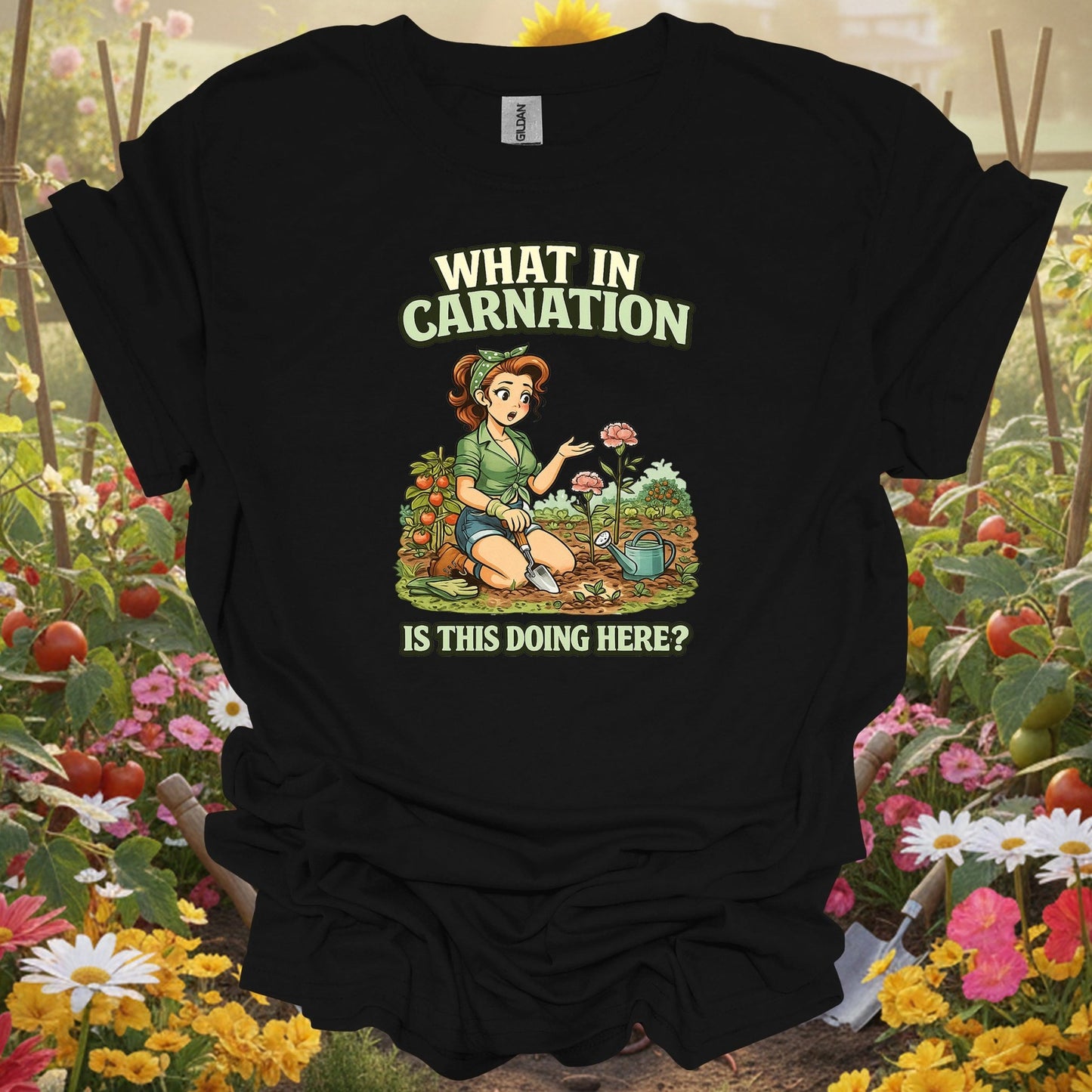 Black shirt showing what in carnation funny pin-up for outdoor enthusiasts
