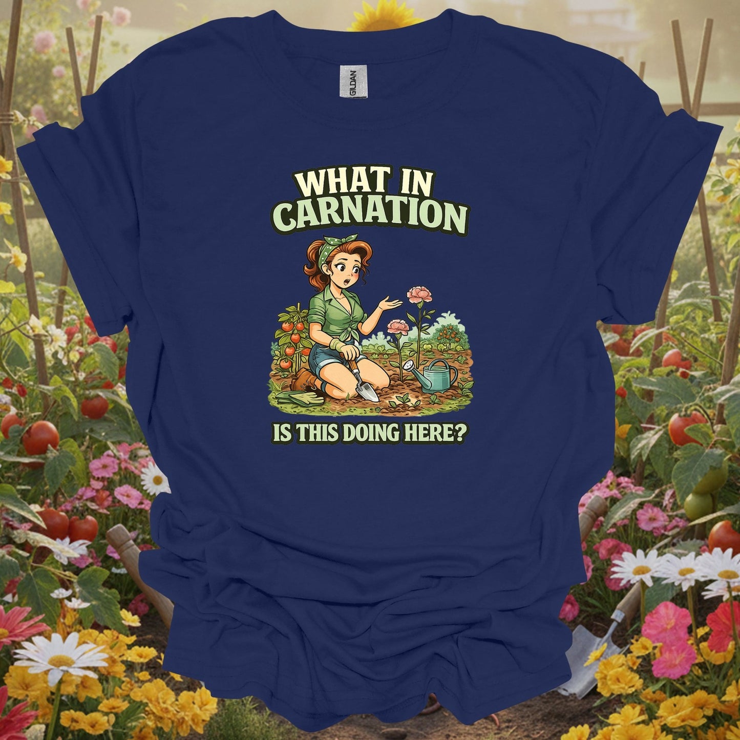 Navy shirt showing what in carnation funny pin-up for home gardeners
