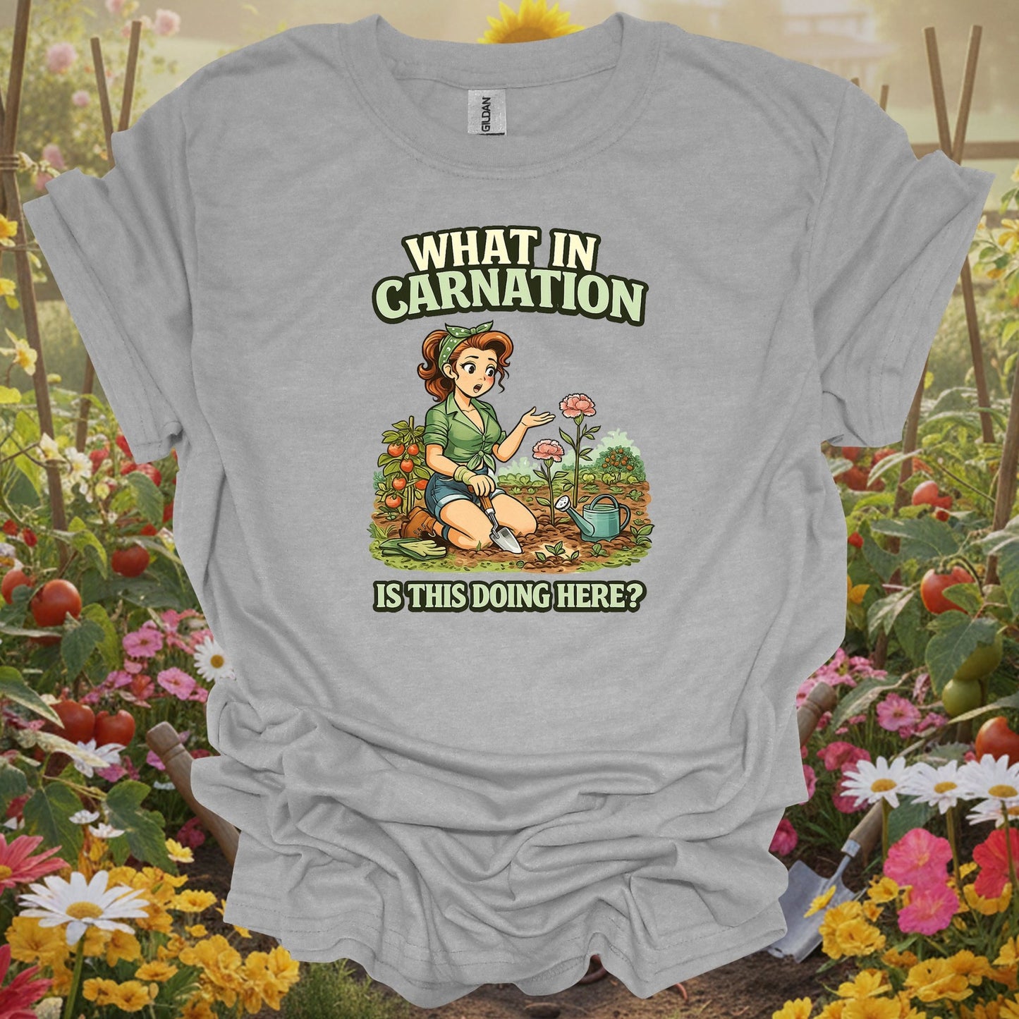 Sport Grey tshirt showing what in carnation funny pin-up for backyard growers