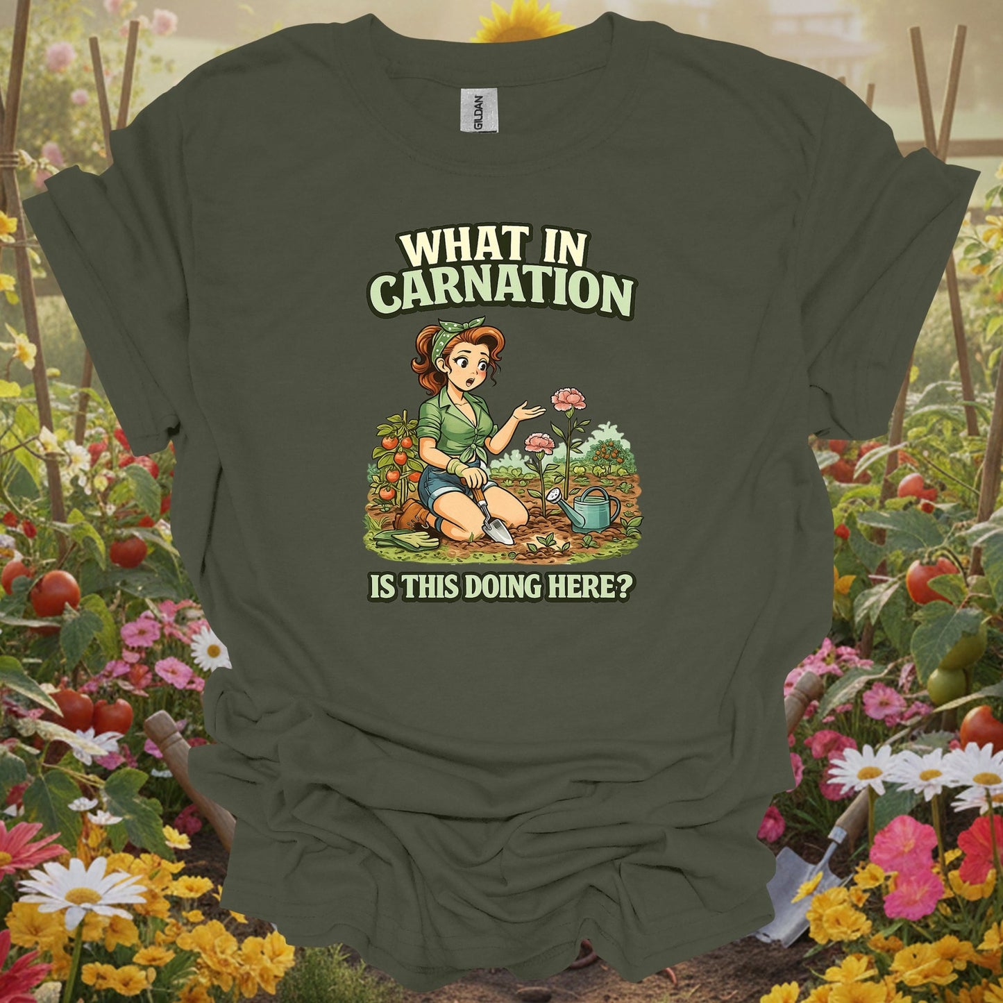 Military Green top showing what in carnation funny pin-up for nature lovers