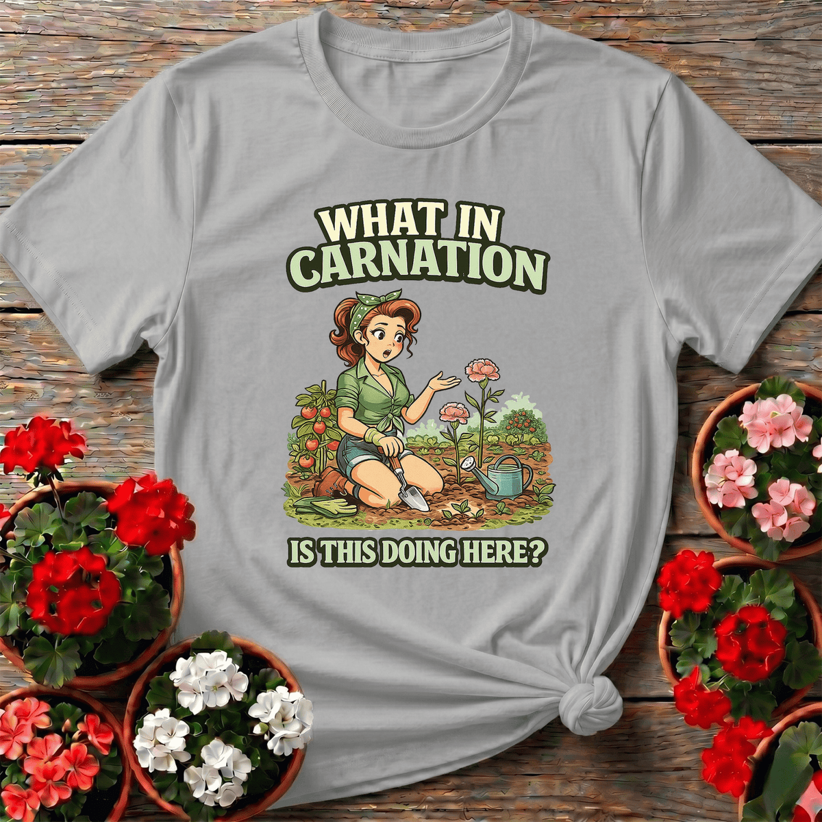 What In Carnation Pin-Up Gardener T-shirt - GardeningTshirts