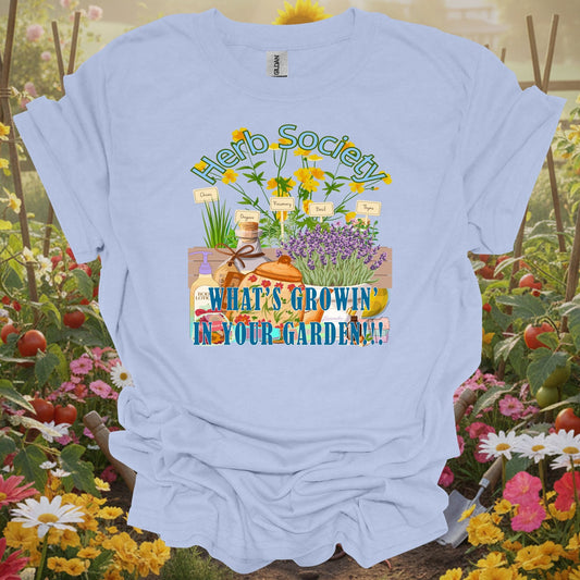 Light Blue tshirt showing retro apothecary lavender and herb design for herb gardeners