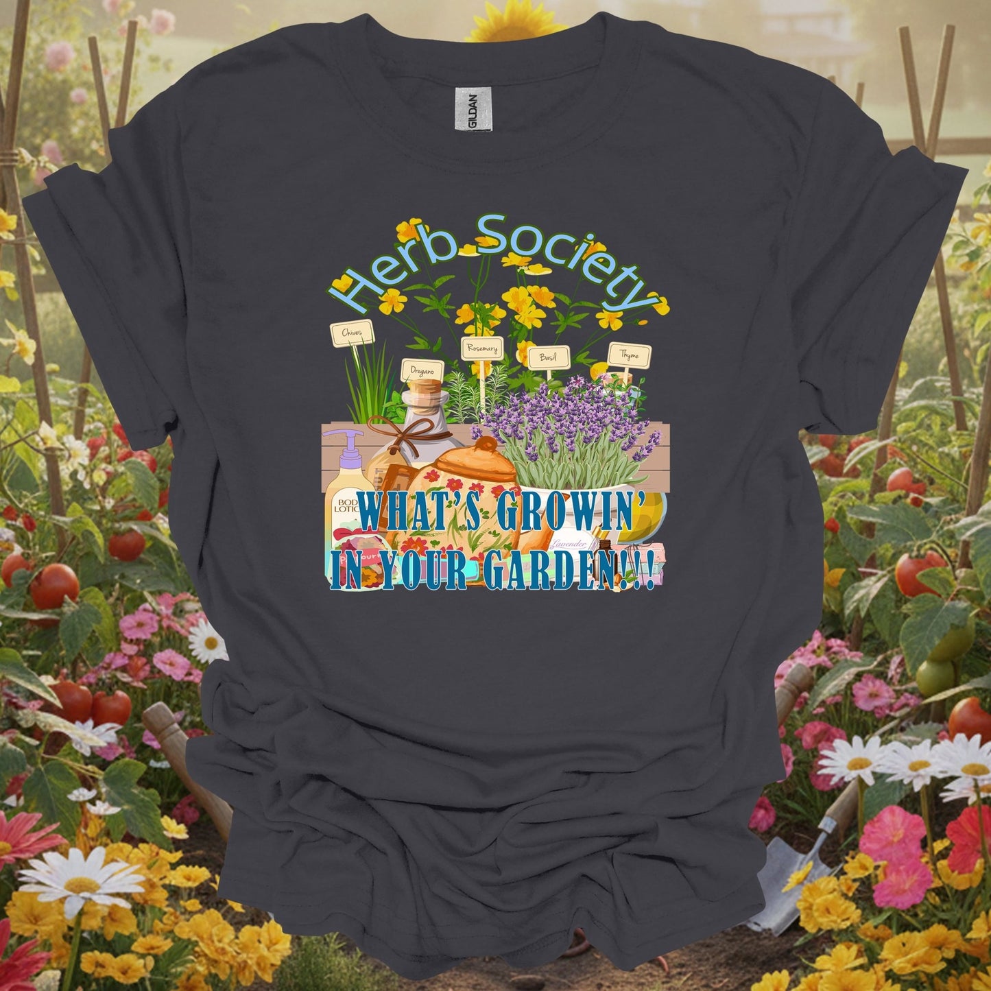 Charcoal tee showing retro apothecary lavender and herb design for lavender growers