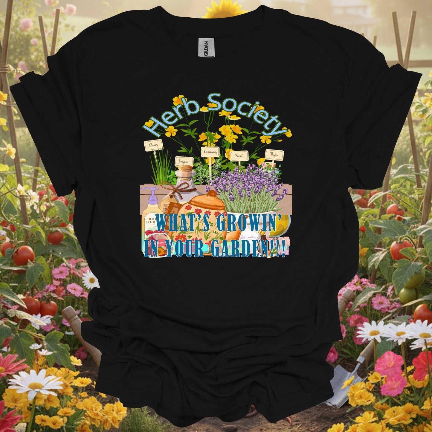 Black shirt showing retro apothecary lavender and herb design for people who grow for wellness