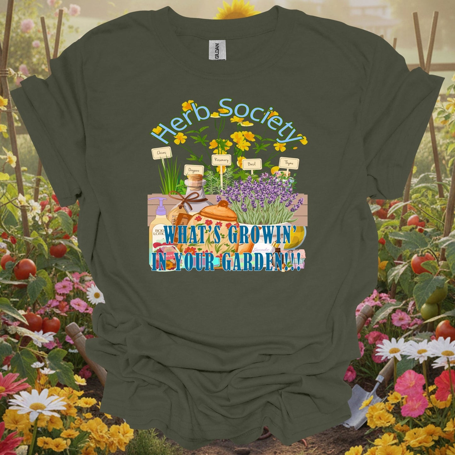 Military Green top showing retro apothecary lavender and herb design for vintage aesthetic fans