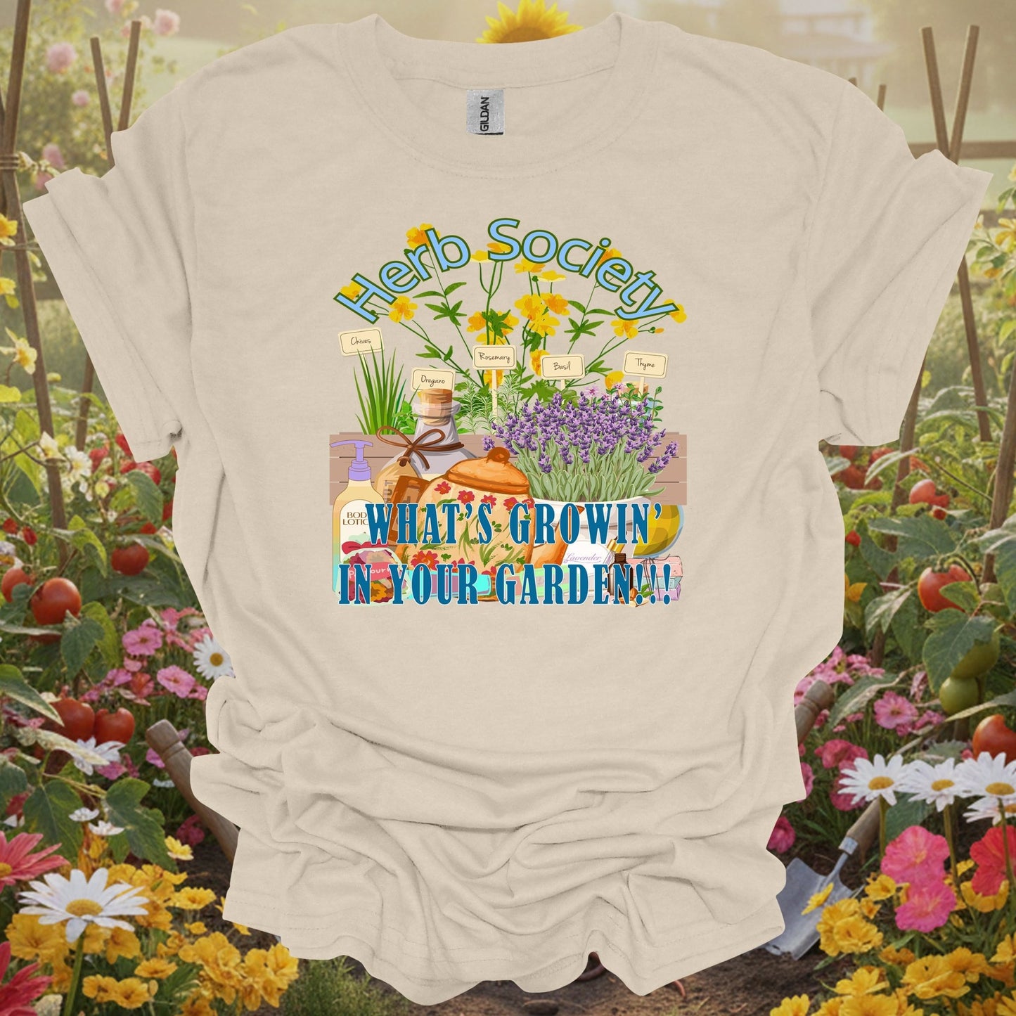 Natural tshirt showing retro apothecary lavender and herb design for aromatherapy practitioners