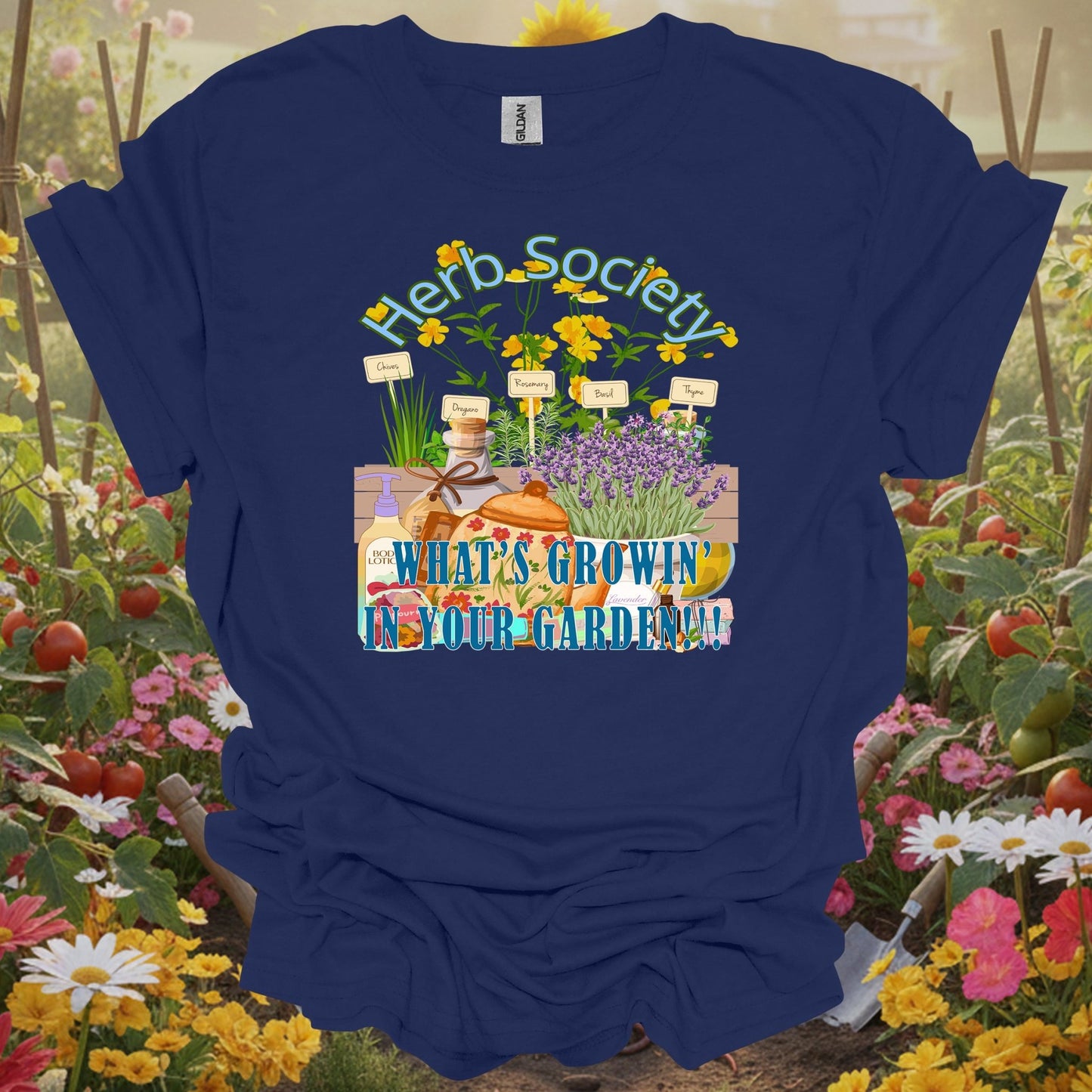 Navy shirt showing retro apothecary lavender and herb design for apothecary enthusiasts