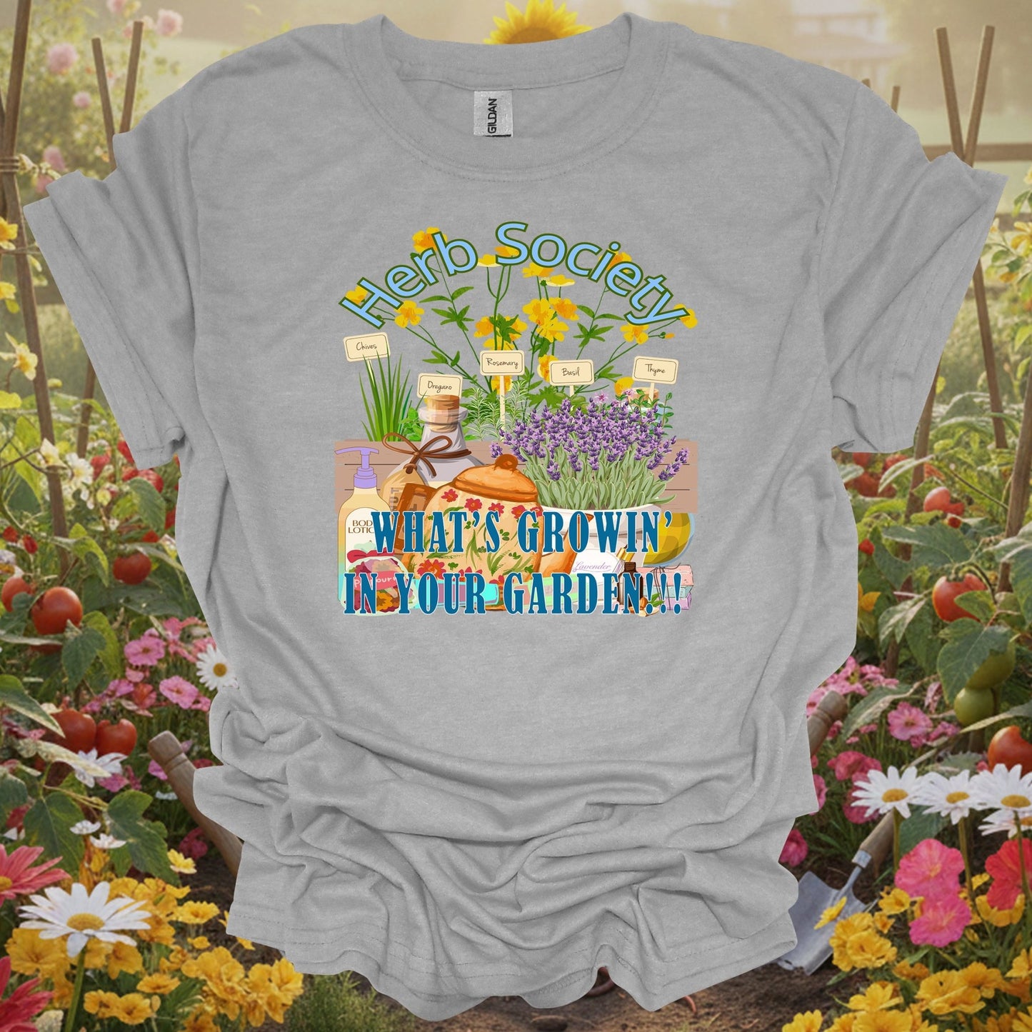Sport Grey tshirt showing retro apothecary lavender and herb design for herbal remedy makers