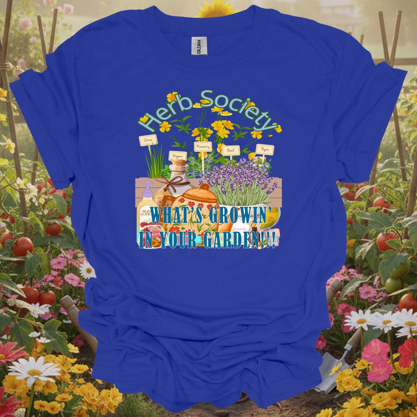 Royal top showing retro apothecary lavender and herb design for fragrance lovers