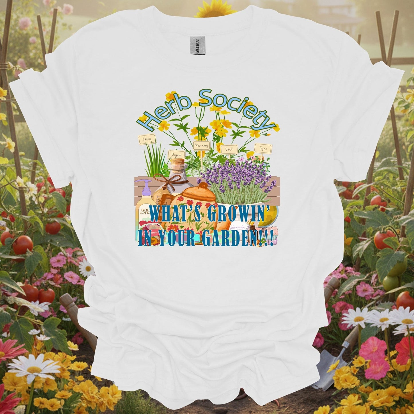 White tee showing retro apothecary lavender and herb design for traditional gardeners