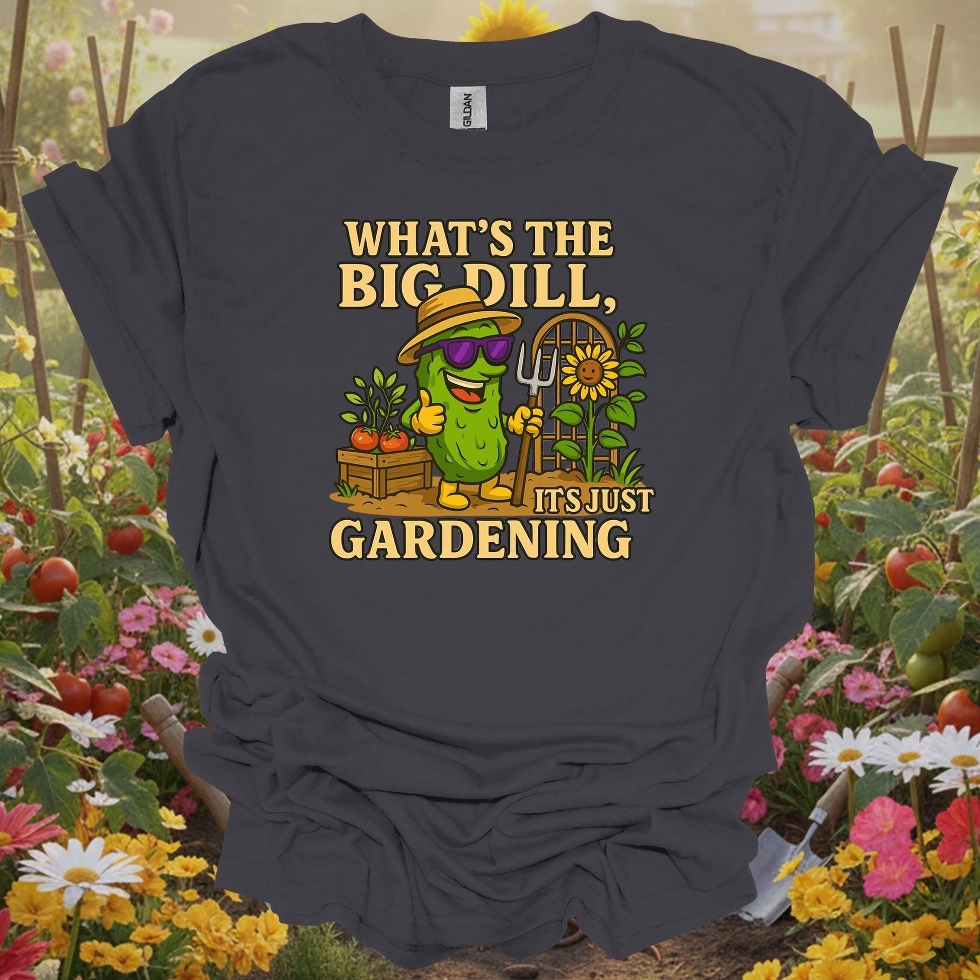 Charcoal tee showing what's the big dill funny pickle gardening for folks who love garden puns