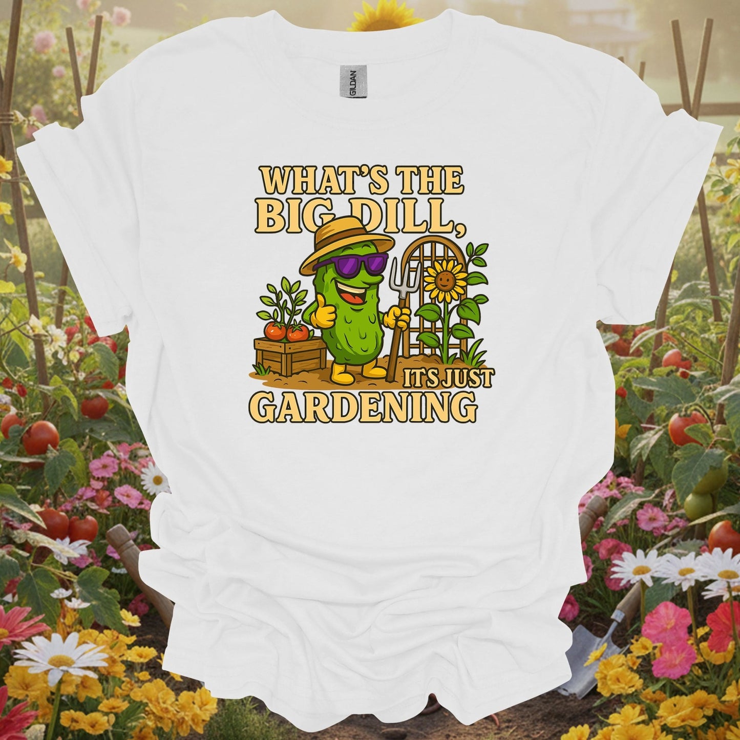 White tee showing what's the big dill funny pickle gardening for lighthearted plant parents