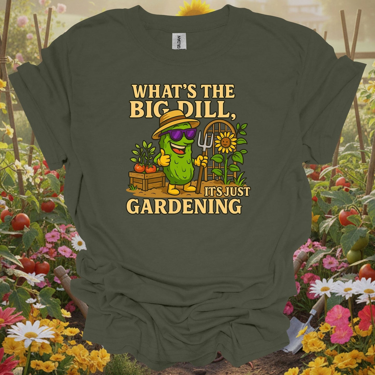 Military green top showing what's the big dill funny pickle gardening for humorous gardeners