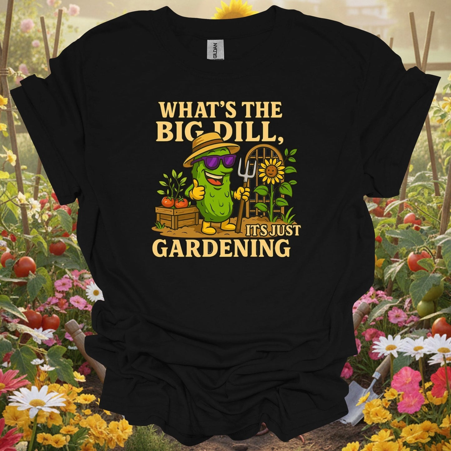 Black shirt showing what's the big dill funny pickle gardening for folks who joke about gardening