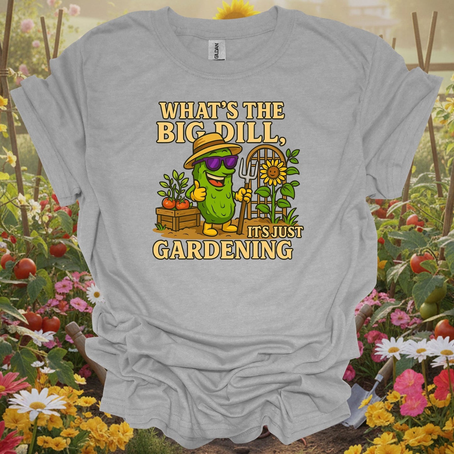 Sport gray  tshirt showing what's the big dill funny pickle gardening for gardeners who laugh