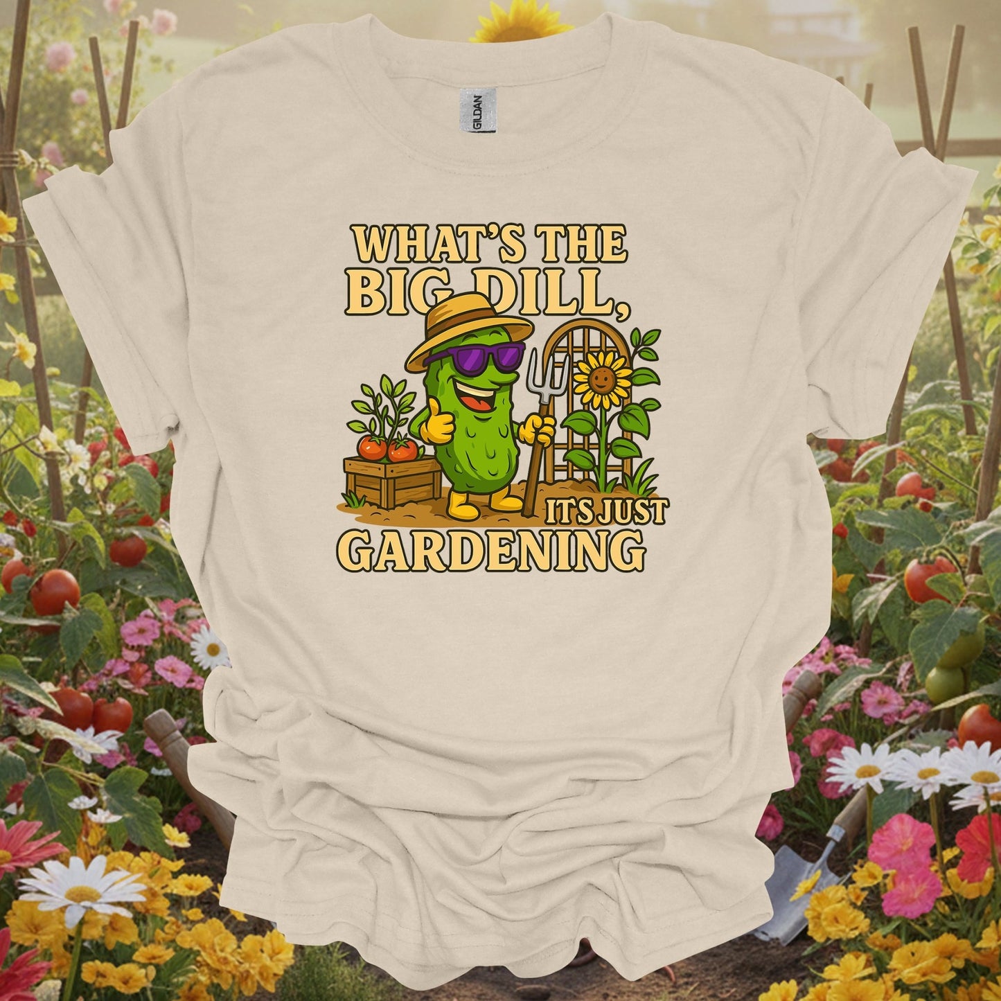 Natural tshirt showing what's the big dill funny pickle gardening for people who find garden humor
