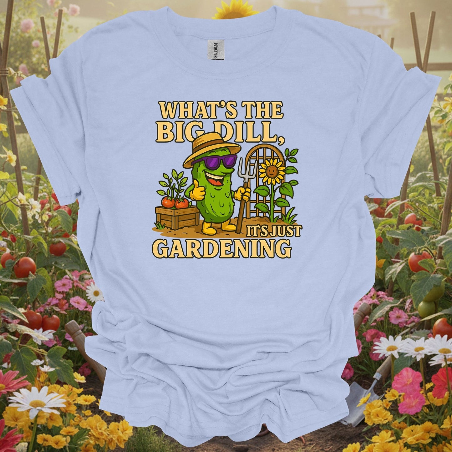 Light Blue shirt showing what's the big dill funny pickle gardening for people with gardening wit