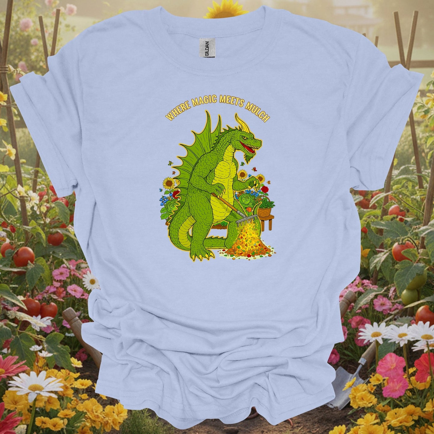 Light Blue shirt showing where magic meets mulch epic dragon for home gardeners