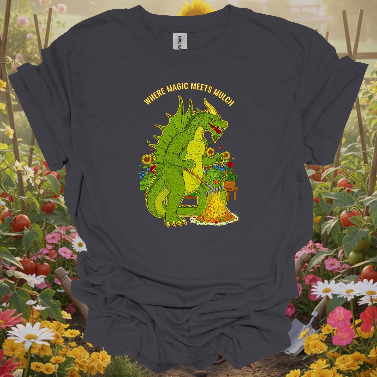 Charcoal tee showing where magic meets mulch epic dragon for plant lovers
