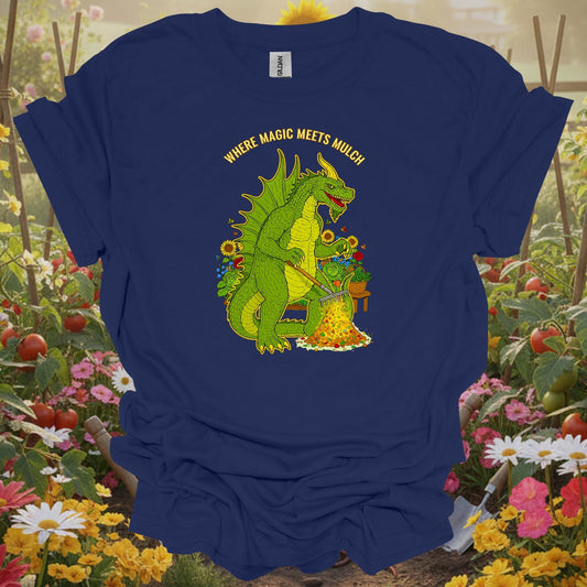 Navy tshirt showing where magic meets mulch epic dragon for gardening enthusiasts