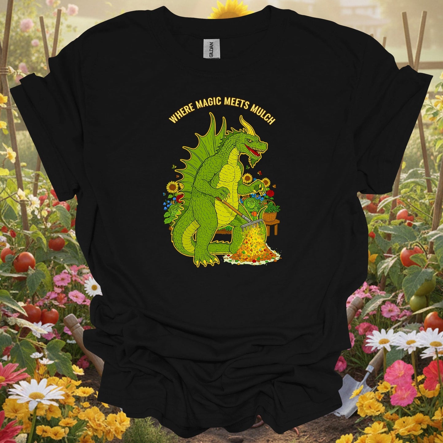 Black shirt showing where magic meets mulch epic dragon for outdoor enthusiasts