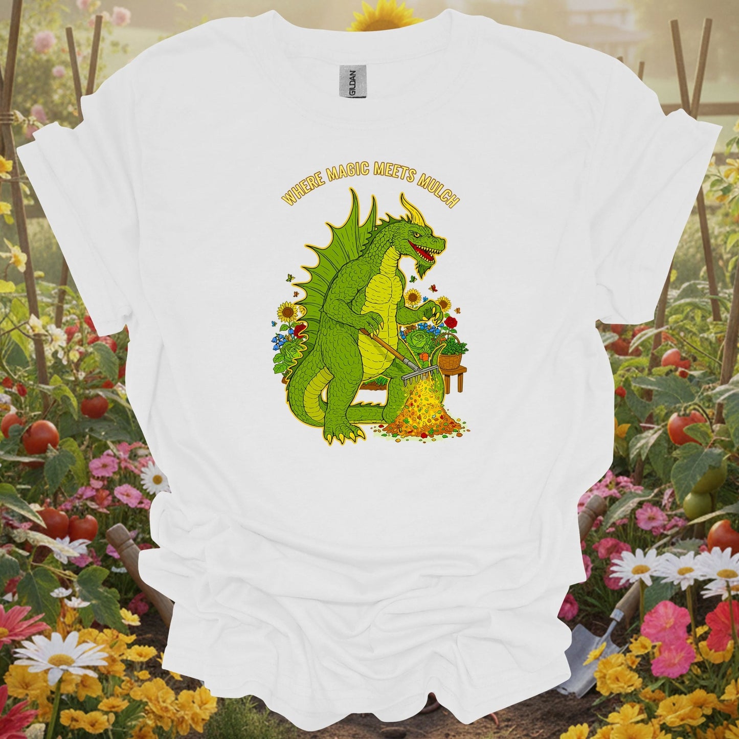 White tee showing where magic meets mulch epic dragon for garden hobbyists