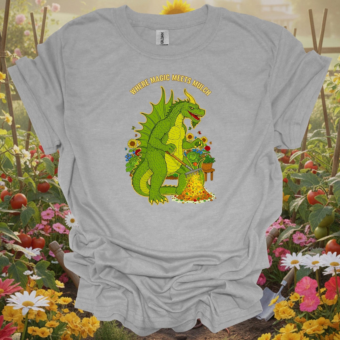 Sport Grey tshirt showing where magic meets mulch epic dragon for backyard growers