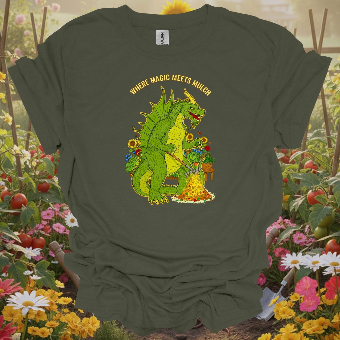 Military Green top showing where magic meets mulch epic dragon for nature lovers