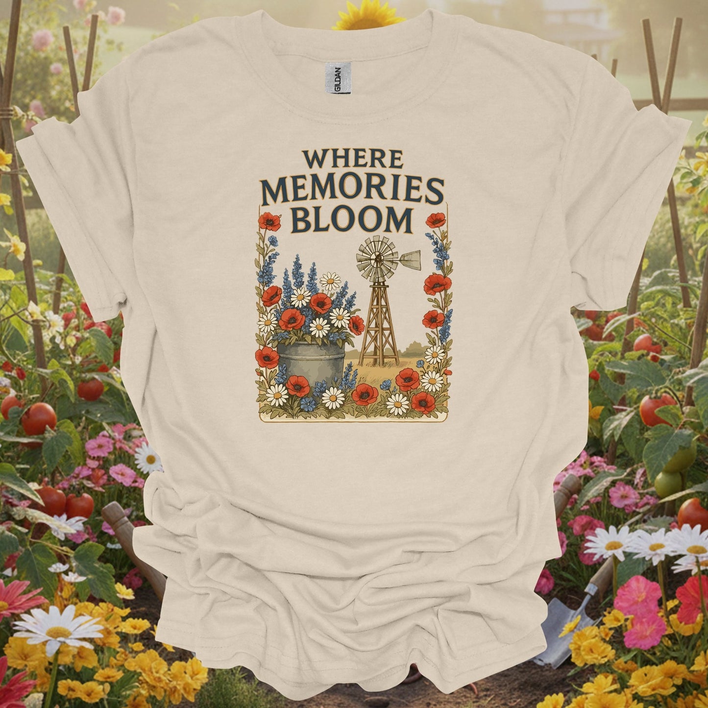 Natural tshirt showing a traditional windmill aesthetic that captures the restorative power of a life lived close to the earth for economists calculating cost savings